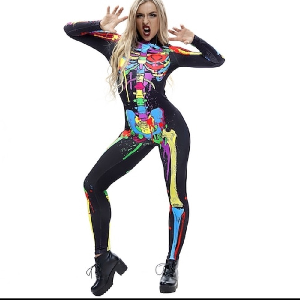 Skeleton Costume Bodysuit Small Paint Splatter Bright Colors Cosplay Halloween
